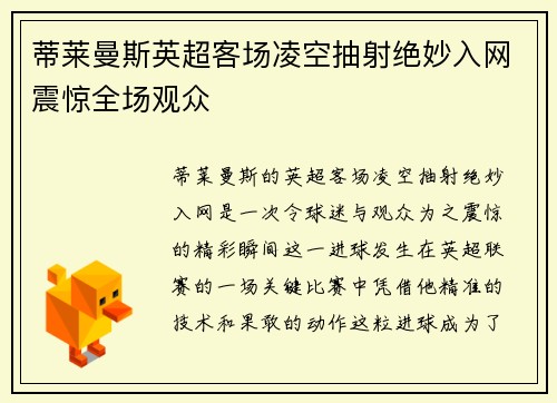 蒂莱曼斯英超客场凌空抽射绝妙入网震惊全场观众